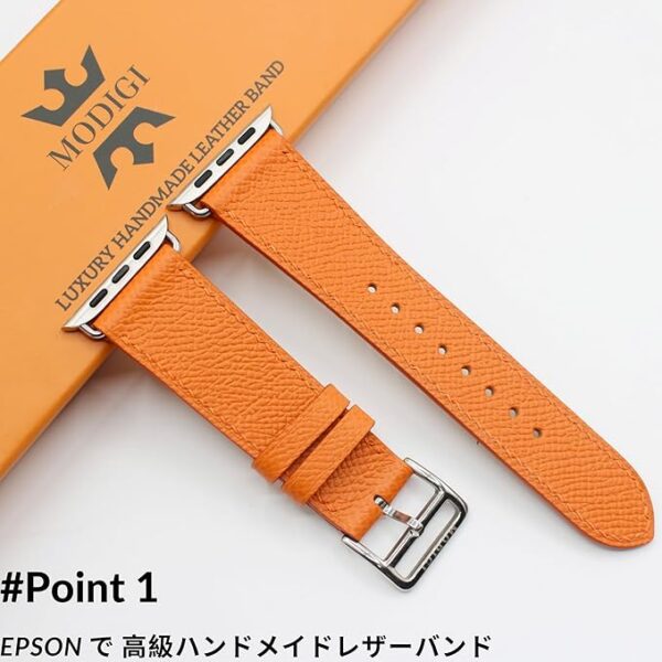 MODIGI コンパチブル Apple Watch用 バンド アップルウォッチ バンド レザー ベルト 本革 高級手作り Veau Epsom 皮ベルト 40mm 41mm 42mm 44mm 45mm 46mm 49mm Ultra 1/2/3 SE 1/2/3シリーズ 10 9 8 7 6 5 (Orange) - Image 2