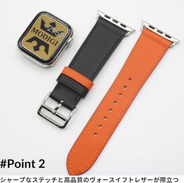 MODIGI コンパチブル Apple Watch用 バンド アップルウォッチ バンド レザー ベルト 本革 高級手作り Veau Swift 皮ベルト 40mm 41mm 42mm 44mm 45mm 46mm 49mm Ultra 1/2/ SE 1/2/3シリーズ10 9 8 7 6 5 4 (Orange/Black) - Image 3