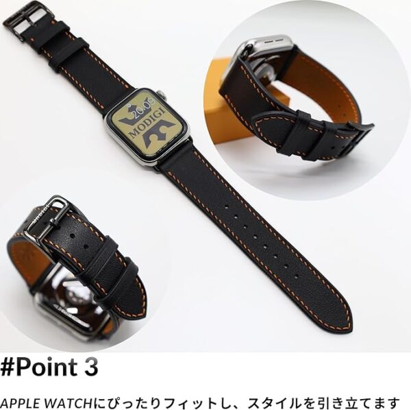 [MODIGI] コンパチブル アップルウォッチ バンド レザー Apple Watch用 ベルト 本革 高級 手作り Veau Swift皮 40mm 41mm 42mm 44mm 45mm 46mm 49mm Apple Watch Ultra 1/2/3 SE 1/2/3 シリーズ10 9 8 7 6 5 4 対応 (BLACK) - Image 4