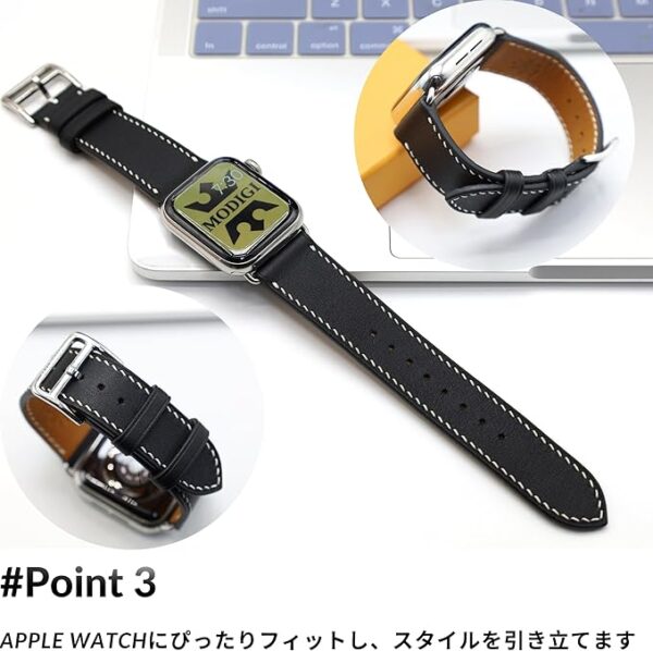[MODIGI] コンパチブル アップルウォッチ バンド レザー Apple Watch用 ベルト 本革 高級 手作り Veau Swift皮 40mm 41mm 42mm 44mm 45mm 46mm 49mm Apple Watch Ultra 1/2/3 SE 1/2/3 シリーズ10 9 8 7 6 5 4 対応 (Black/White) - Image 4