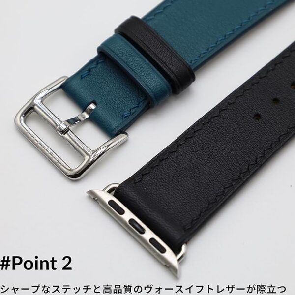 [MODIGI] コンパチブル アップルウォッチ バンド レザー Apple Watch用 ベルト 本革 高級 手作り Veau Swift皮 40mm 41mm 42mm 44mm 45mm 46mm 49mm Apple Watch Ultra 1/2/3 SE 1/2/3 シリーズ10 9 8 7 6 5 4 対応 (Black/Blue) - Image 3