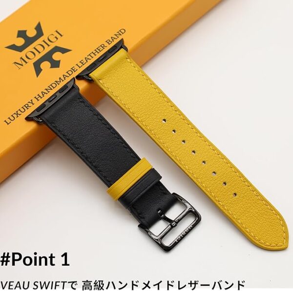[MODIGI] コンパチブル アップルウォッチ バンド レザー Apple Watch用 ベルト 本革 高級 手作り Veau Swift皮 40mm 41mm 42mm 44mm 45mm 46mm 49mm Apple Watch Ultra 1/2/3 SE 1/2/3 シリーズ10 9 8 7 6 5 4 対応 (Black/Yellow) - Image 2