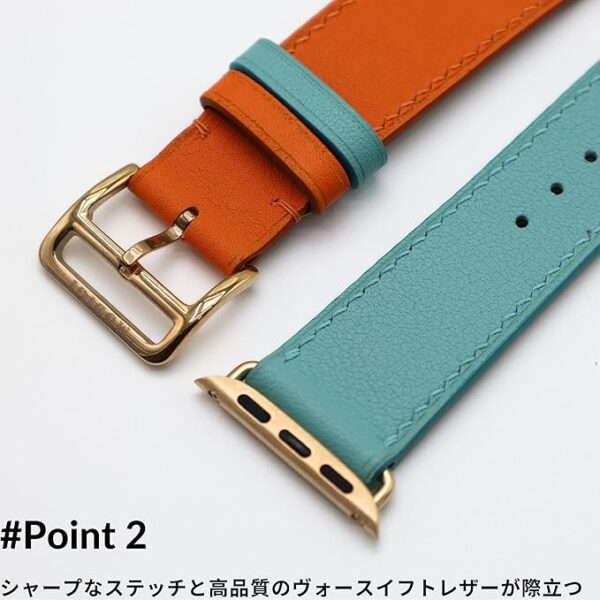 [MODIGI] コンパチブル アップルウォッチ バンド レザー Apple Watch用 ベルト 本革 高級 手作り Veau Swift皮 40mm 41mm 42mm 44mm 45mm 46mm 49mm Apple Watch Ultra 1/2/3 SE 1/2/3 シリーズ10 9 8 7 6 5 4 対応 (Orange/MintBlue) - Image 3