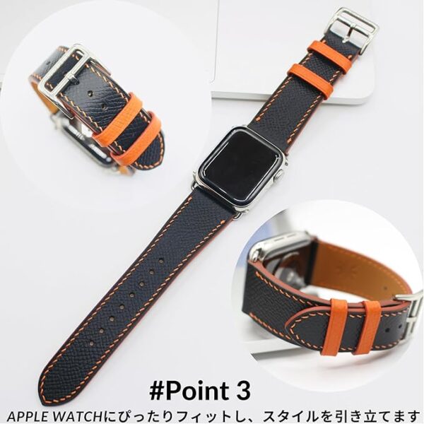 MODIGI コンパチブル Apple Watch用 バンド アップルウォッチ バンド レザー ベルト 本革 高級手作り Veau Epsom 皮ベルト 40mm 41mm 42mm 44mm 45mm 46mm 49mm Ultra 1/2/3 SE 1/2/3シリーズ 10 9 8 7 6 5 (Black) (Copy) - Image 4