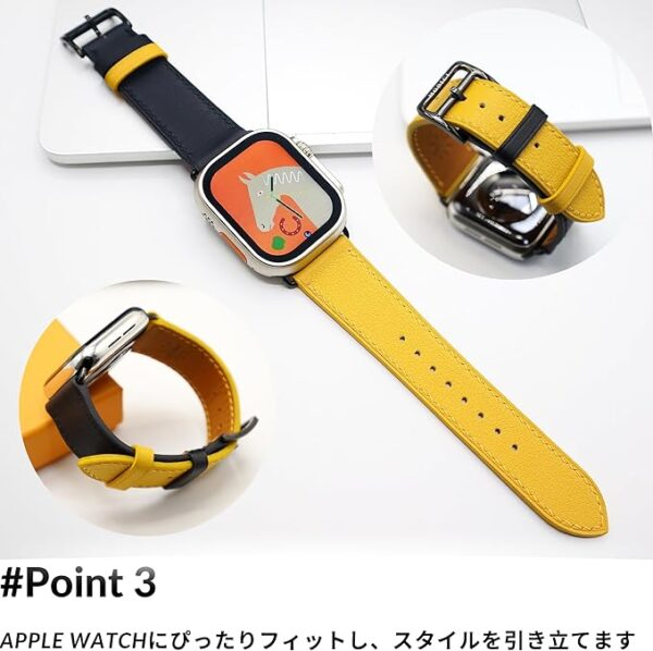 [MODIGI] コンパチブル アップルウォッチ バンド レザー Apple Watch用 ベルト 本革 高級 手作り Veau Swift皮 40mm 41mm 42mm 44mm 45mm 46mm 49mm Apple Watch Ultra 1/2/3 SE 1/2/3 シリーズ10 9 8 7 6 5 4 対応 (Black/Yellow) - Image 4