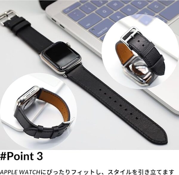 MODIGI コンパチブル Apple Watch用 バンド アップルウォッチ バンド レザー ベルト 本革 高級手作り Veau Swift 皮ベルト 40mm 41mm 42mm 44mm 45mm 46mm 49mm Ultra 1/2/ SE 1/2/3シリーズ10 9 8 7 6 5 4 (Black) - Image 4