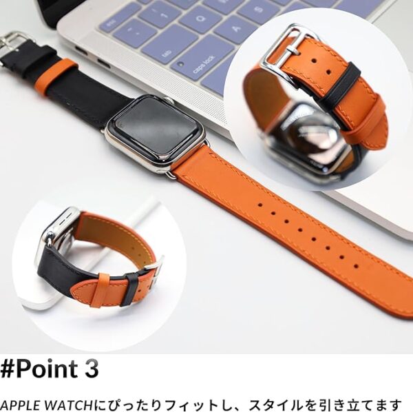 MODIGI コンパチブル Apple Watch用 バンド アップルウォッチ バンド レザー ベルト 本革 高級手作り Veau Swift 皮ベルト 40mm 41mm 42mm 44mm 45mm 46mm 49mm Ultra 1/2/ SE 1/2/3シリーズ10 9 8 7 6 5 4 (Orange/Black) - Image 4