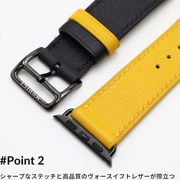 [MODIGI] コンパチブル アップルウォッチ バンド レザー Apple Watch用 ベルト 本革 高級 手作り Veau Swift皮 40mm 41mm 42mm 44mm 45mm 46mm 49mm Apple Watch Ultra 1/2/3 SE 1/2/3 シリーズ10 9 8 7 6 5 4 対応 (Black/Yellow) - Image 3
