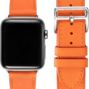 MODIGI コンパチブル Apple Watch用 バンド アップルウォッチ バンド レザー ベルト 本革 高級手作り Veau Swift 皮ベルト 40mm 41mm 42mm 44mm 45mm 46mm 49mm Ultra 1/2/ SE 1/2/3シリーズ10 9 8 7 6 5 4 (Orange)