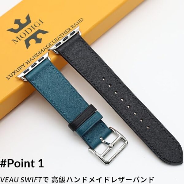 [MODIGI] コンパチブル アップルウォッチ バンド レザー Apple Watch用 ベルト 本革 高級 手作り Veau Swift皮 40mm 41mm 42mm 44mm 45mm 46mm 49mm Apple Watch Ultra 1/2/3 SE 1/2/3 シリーズ10 9 8 7 6 5 4 対応 (Black/Blue) - Image 2