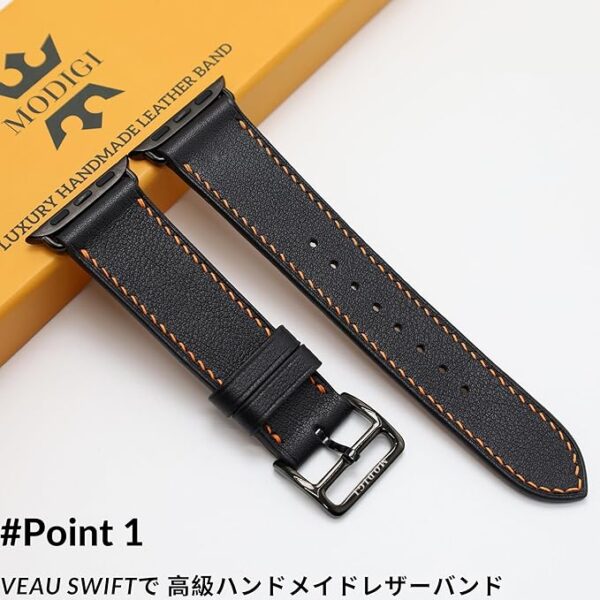 [MODIGI] コンパチブル アップルウォッチ バンド レザー Apple Watch用 ベルト 本革 高級 手作り Veau Swift皮 40mm 41mm 42mm 44mm 45mm 46mm 49mm Apple Watch Ultra 1/2/3 SE 1/2/3 シリーズ10 9 8 7 6 5 4 対応 (BLACK) - Image 2