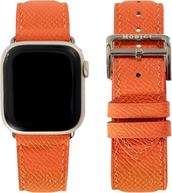 MODIGI コンパチブル Apple Watch用 バンド アップルウォッチ バンド レザー ベルト 本革 高級手作り Veau Epsom 皮ベルト 40mm 41mm 42mm 44mm 45mm 46mm 49mm Ultra 1/2/3 SE 1/2/3シリーズ 10 9 8 7 6 5 (Orange)