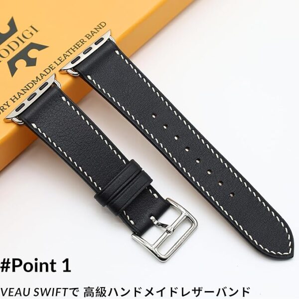 [MODIGI] コンパチブル アップルウォッチ バンド レザー Apple Watch用 ベルト 本革 高級 手作り Veau Swift皮 40mm 41mm 42mm 44mm 45mm 46mm 49mm Apple Watch Ultra 1/2/3 SE 1/2/3 シリーズ10 9 8 7 6 5 4 対応 (Black/White) - Image 2