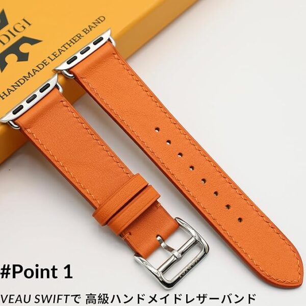 MODIGI コンパチブル Apple Watch用 バンド アップルウォッチ バンド レザー ベルト 本革 高級手作り Veau Swift 皮ベルト 40mm 41mm 42mm 44mm 45mm 46mm 49mm Ultra 1/2/ SE 1/2/3シリーズ10 9 8 7 6 5 4 (Orange) - Image 2
