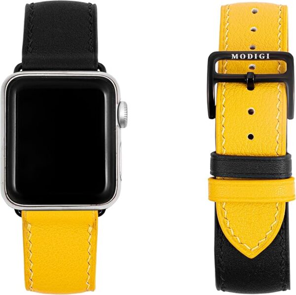 [MODIGI] コンパチブル アップルウォッチ バンド レザー Apple Watch用 ベルト 本革 高級 手作り Veau Swift皮 40mm 41mm 42mm 44mm 45mm 46mm 49mm Apple Watch Ultra 1/2/3 SE 1/2/3 シリーズ10 9 8 7 6 5 4 対応 (Black/Yellow)