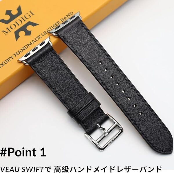 MODIGI コンパチブル Apple Watch用 バンド アップルウォッチ バンド レザー ベルト 本革 高級手作り Veau Swift 皮ベルト 40mm 41mm 42mm 44mm 45mm 46mm 49mm Ultra 1/2/ SE 1/2/3シリーズ10 9 8 7 6 5 4 (Black) - Image 2