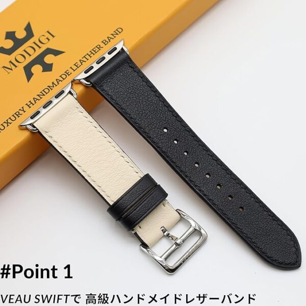 [MODIGI] コンパチブル アップルウォッチ バンド レザー Apple Watch用 ベルト 本革 高級 手作り Veau Swift皮 40mm 41mm 42mm 44mm 45mm 46mm 49mm Apple Watch Ultra 1/2/3 SE 1/2/3 シリーズ10 9 8 7 6 5 4 対応 (White/Black) - Image 2