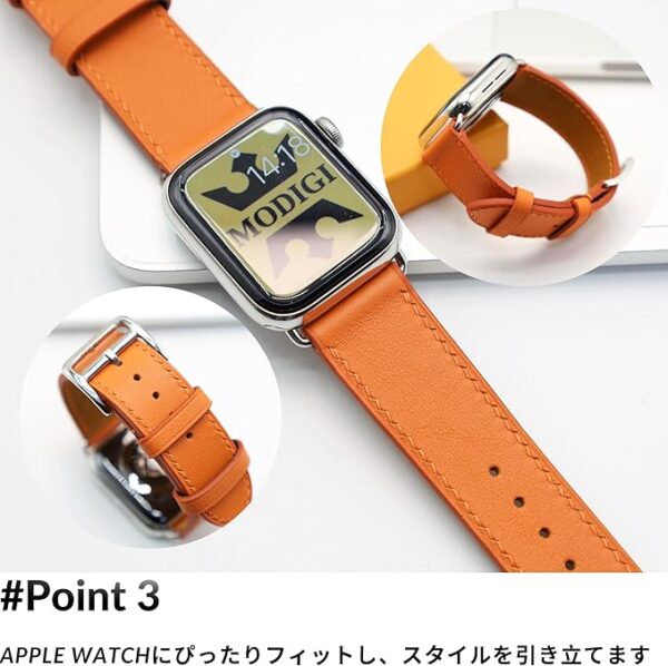 MODIGI コンパチブル Apple Watch用 バンド アップルウォッチ バンド レザー ベルト 本革 高級手作り Veau Swift 皮ベルト 40mm 41mm 42mm 44mm 45mm 46mm 49mm Ultra 1/2/ SE 1/2/3シリーズ10 9 8 7 6 5 4 (Orange) - Image 4