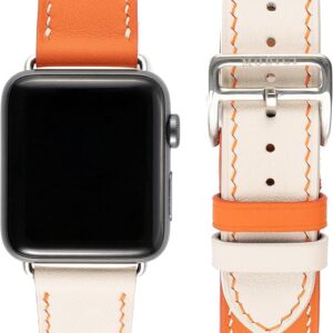 [MODIGI] コンパチブル アップルウォッチ バンド レザー Apple Watch用 ベルト 本革 高級 手作り Veau Swift皮 40mm 41mm 42mm 44mm 45mm 46mm 49mm Apple Watch Ultra 1/2/3 SE 1/2/3 シリーズ10 9 8 7 6 5 4 対応 (Orange/White)