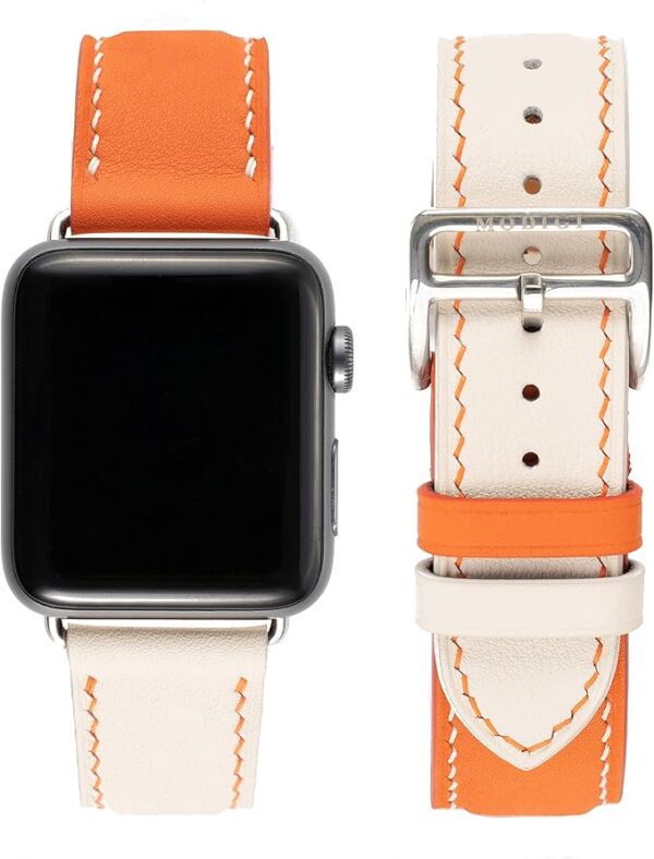 [MODIGI] コンパチブル アップルウォッチ バンド レザー Apple Watch用 ベルト 本革 高級 手作り Veau Swift皮 40mm 41mm 42mm 44mm 45mm 46mm 49mm Apple Watch Ultra 1/2/3 SE 1/2/3 シリーズ10 9 8 7 6 5 4 対応 (Orange/White)