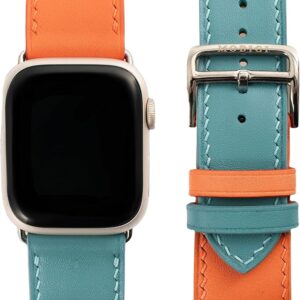 [MODIGI] コンパチブル アップルウォッチ バンド レザー Apple Watch用 ベルト 本革 高級 手作り Veau Swift皮 40mm 41mm 42mm 44mm 45mm 46mm 49mm Apple Watch Ultra 1/2/3 SE 1/2/3 シリーズ10 9 8 7 6 5 4 対応 (Orange/MintBlue)