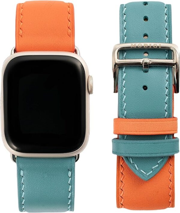 [MODIGI] コンパチブル アップルウォッチ バンド レザー Apple Watch用 ベルト 本革 高級 手作り Veau Swift皮 40mm 41mm 42mm 44mm 45mm 46mm 49mm Apple Watch Ultra 1/2/3 SE 1/2/3 シリーズ10 9 8 7 6 5 4 対応 (Orange/MintBlue)