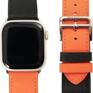 MODIGI コンパチブル Apple Watch用 バンド アップルウォッチ バンド レザー ベルト 本革 高級手作り Veau Swift 皮ベルト 40mm 41mm 42mm 44mm 45mm 46mm 49mm Ultra 1/2/ SE 1/2/3シリーズ10 9 8 7 6 5 4 (Orange/Black)