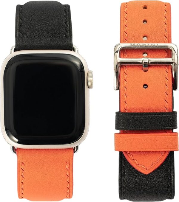 MODIGI コンパチブル Apple Watch用 バンド アップルウォッチ バンド レザー ベルト 本革 高級手作り Veau Swift 皮ベルト 40mm 41mm 42mm 44mm 45mm 46mm 49mm Ultra 1/2/ SE 1/2/3シリーズ10 9 8 7 6 5 4 (Orange/Black)
